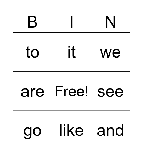 High Frequency Words Bingo Card