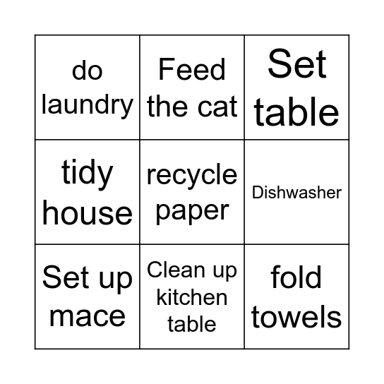 Aternoon Routine Bingo Card