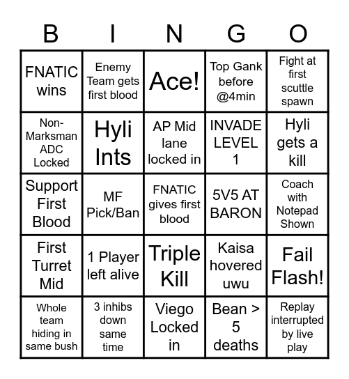 FNATIC Game 1 Bingo Card