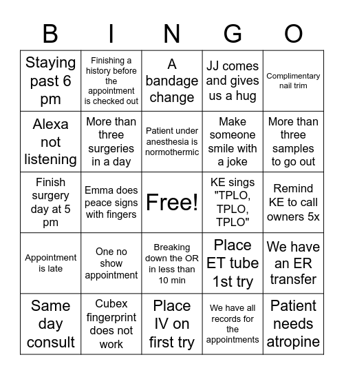 Vet Tech Appreciation Week Surgery edition Bingo Card
