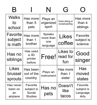 Get to know you - Middle School Bingo Card