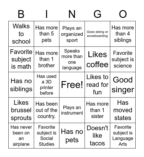 Get to know you - Middle School Bingo Card
