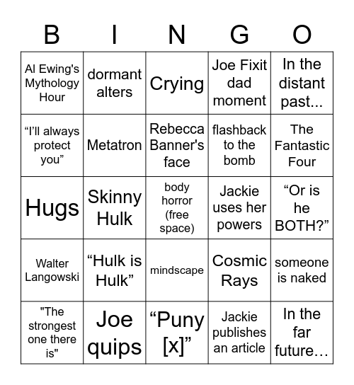 Immortal Hulk Finale Bingo Card