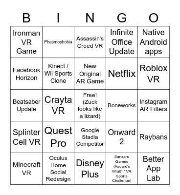 Oculus Connect 2021 Bingo Card