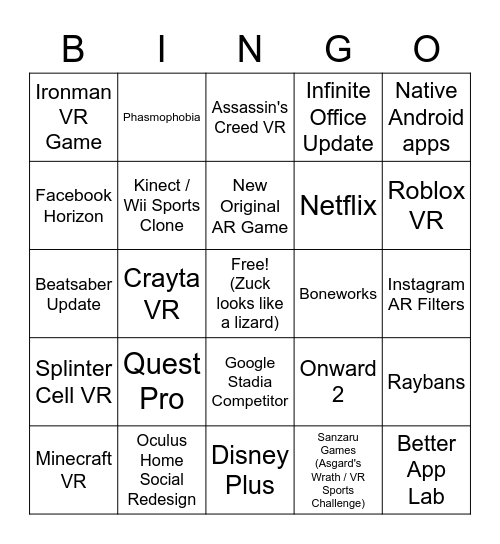 Oculus Connect 2021 Bingo Card