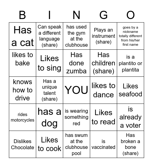 Getting to Know You Bingo Card