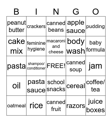 Food Bank Bingo Card