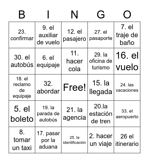 Vamos de Viaje Bingo Card