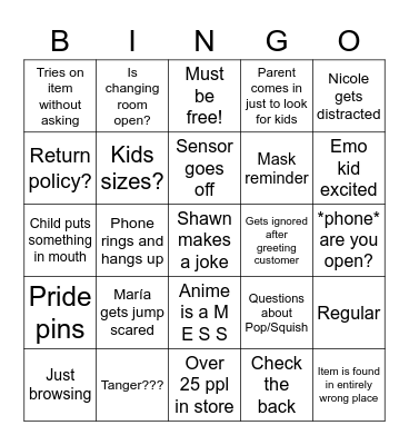 Hot Topic Bingo Card