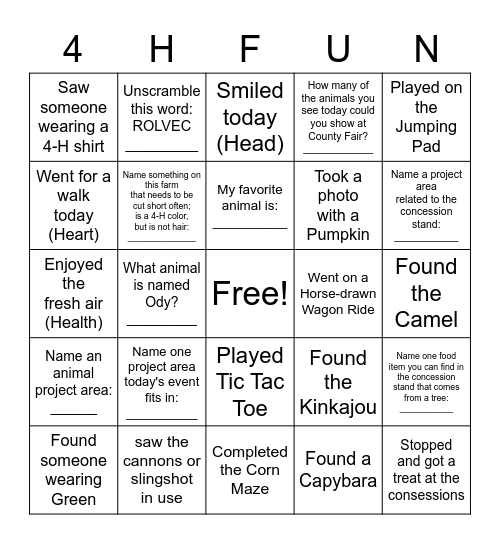 Celebrate 4-H - Head, Heart, Hands & Health Bingo Card