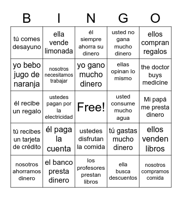 el consumerismo--verbos Bingo Card