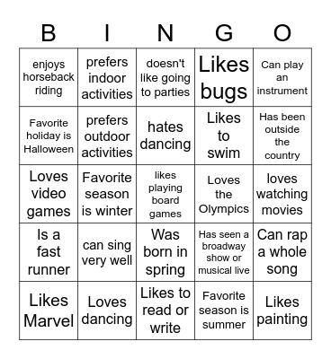 Interests & Hobbies Bingo Card