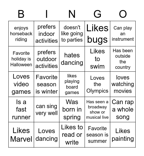 Interests & Hobbies Bingo Card