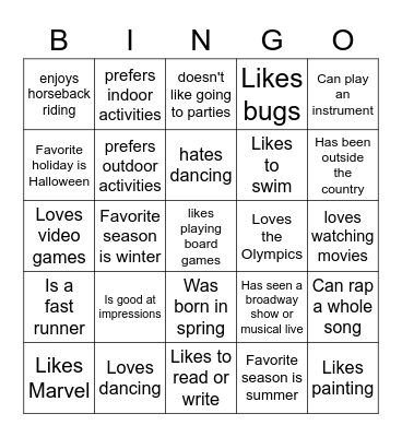 Interests & Hobbies Bingo Card