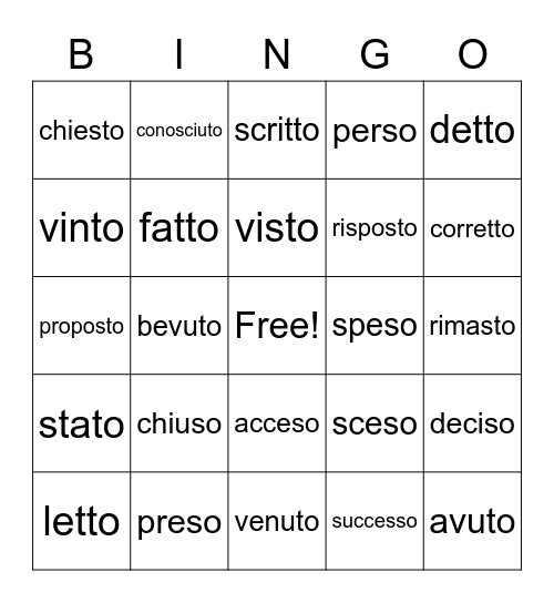 Participi passati irregolari Bingo Card