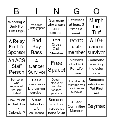 Relay For Life Scavenger Hunt Bingo Card