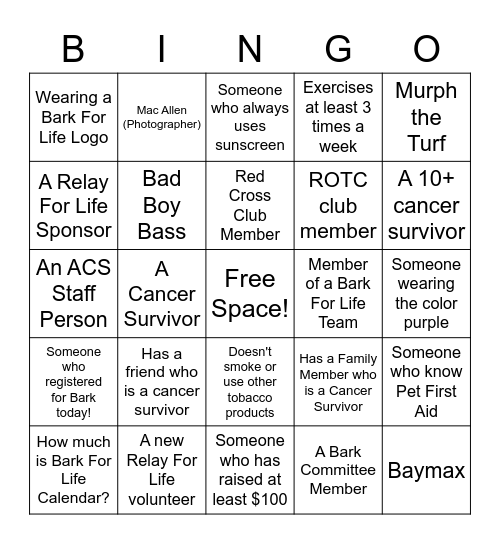 Relay For Life Scavenger Hunt Bingo Card