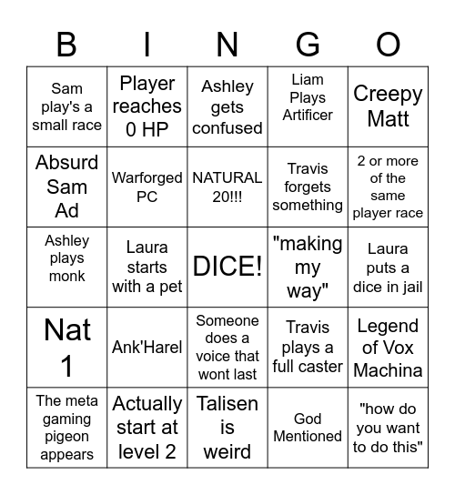 Critical Role Campaign 3 Bingo Card