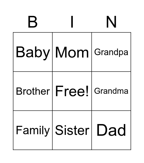 Family Members Bingo Card