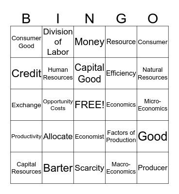 Basic Economic Terms Bingo Card