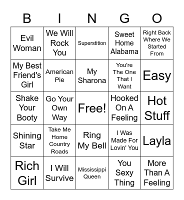 Best of the 70's Bingo Card