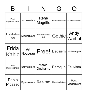 The Art Movements Bingo Card