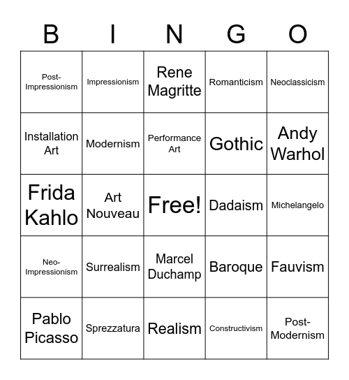 The Art Movements Bingo Card