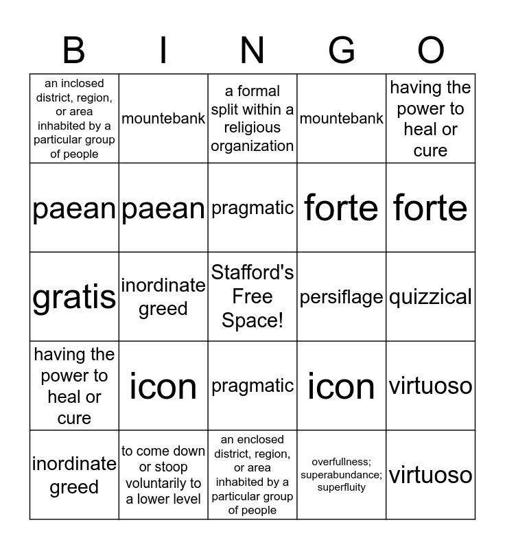 Vocab Unit 3 Review Bingo Card