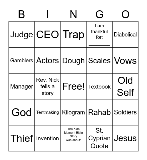 October 17th 2021 - Sermon Bingo Card