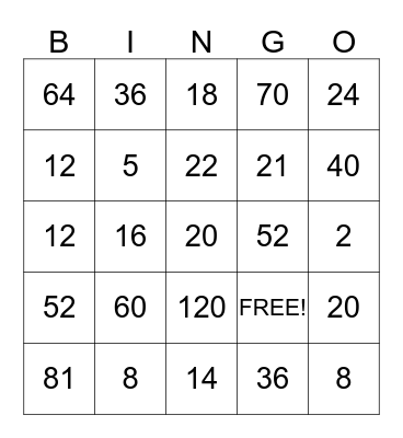 FACTOR FUN BINGO Card