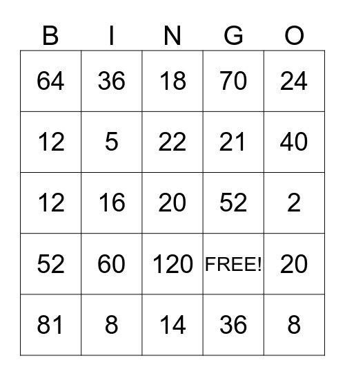 FACTOR FUN BINGO Card