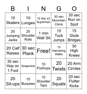 Fitness Bingo Card