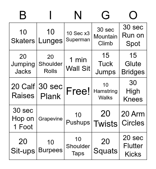 Fitness Bingo Card