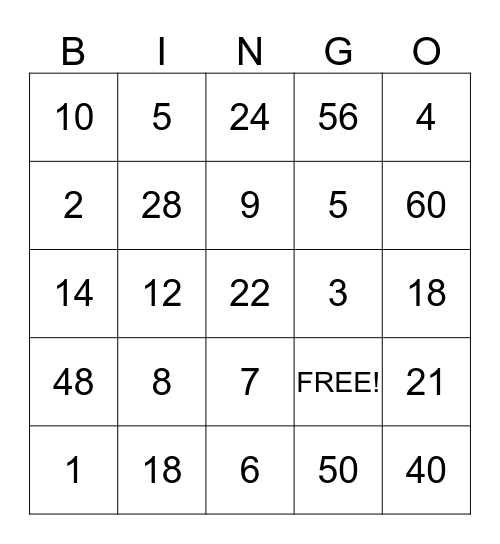 FACTOR FUN BINGO Card
