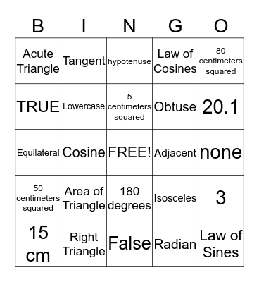 All Things Trigonometry Bingo Card