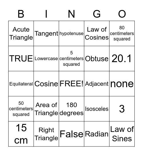 All Things Trigonometry Bingo Card