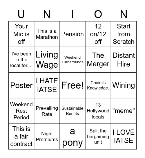 UNION Bingo Card