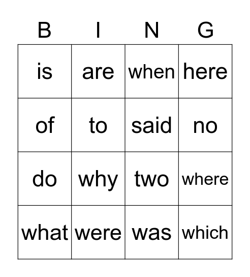 Tricky Word Bingo Card