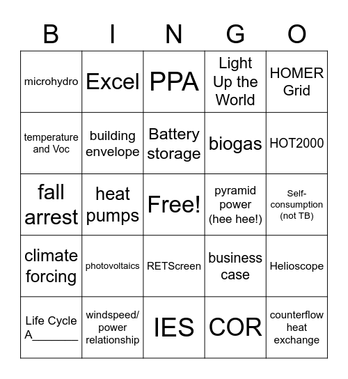 60 seconds or less Alternative Energy BINGO Card