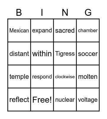 National Reading Vocabulary - Week 8 Bingo Card