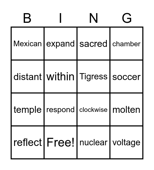 National Reading Vocabulary - Week 8 Bingo Card