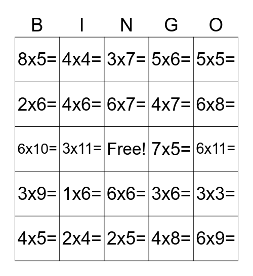 4, 5 and 6 Times Table Bingo Card