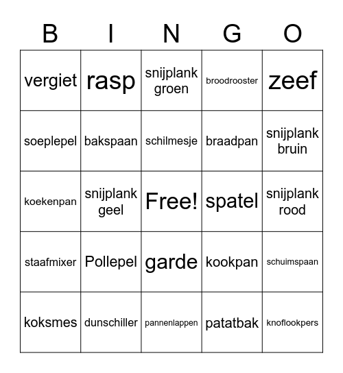 Keukenmaterialen Bingo Card