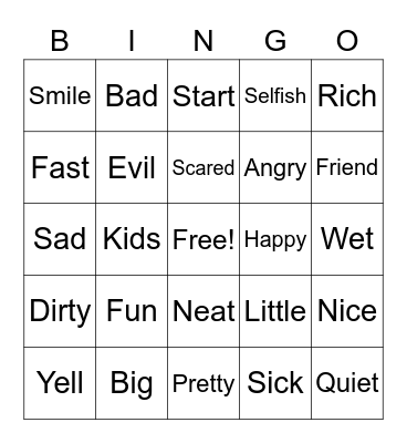 Synonym & Antonym Bingo Card