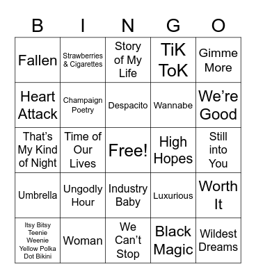 A.O.E. Musical Bingo Card