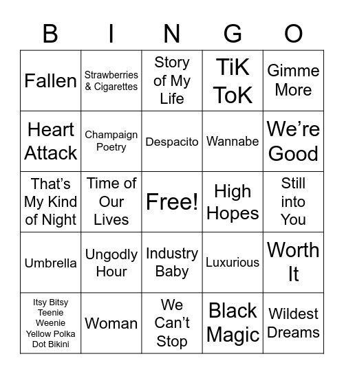 A.O.E. Musical Bingo Card
