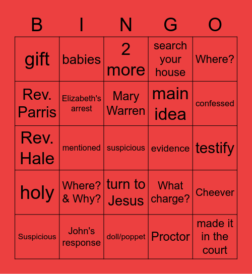 The Crucible Acts 1 & 2 Review Bingo Card