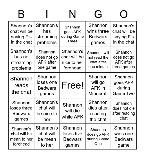 Shannon's Minecraft Streams Bingo Card