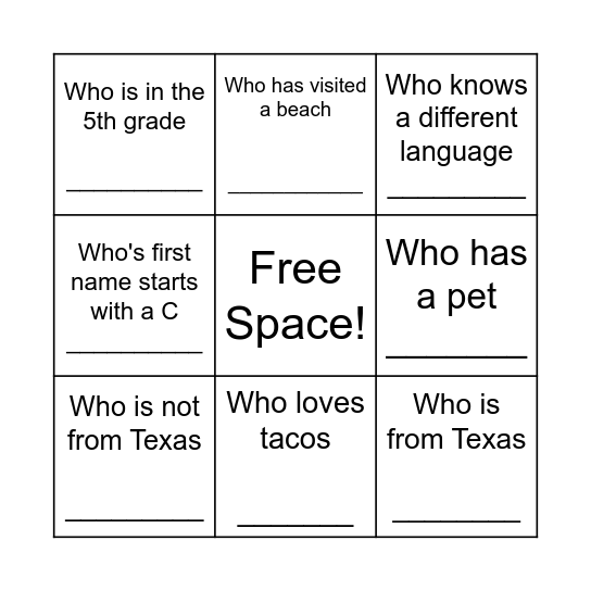 Guess Who? Bingo Card