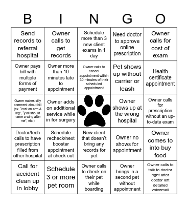 Receptionist Bingo Card